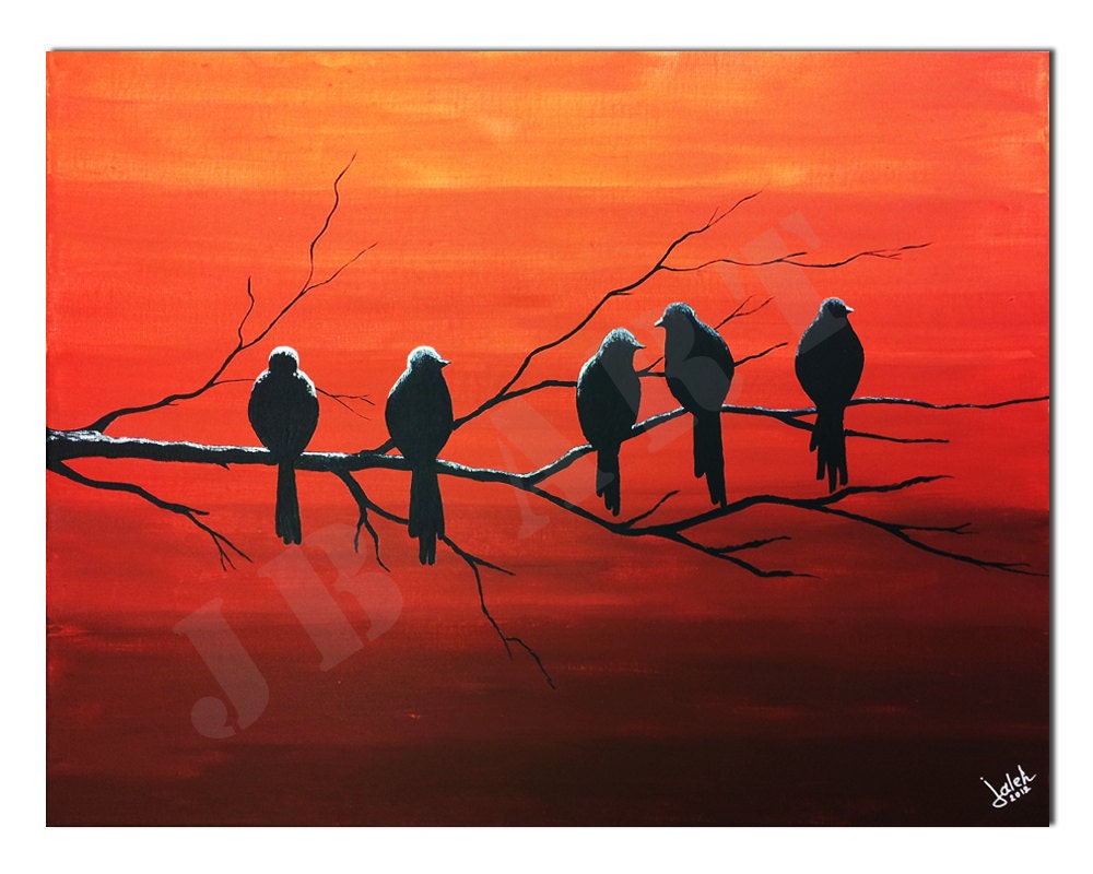 Acrylic Fine Art original painting,birds , Moon Light  Party