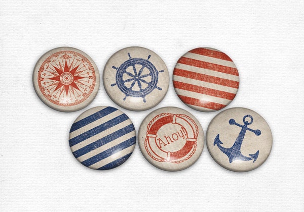 Pinback Buttons - Nautical Fashion Maritime Button Set of 6 - Ahoy Trendy Sailors