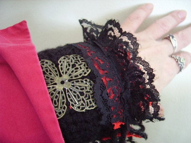 Goth Style Cuff Victorian Steam Punk black lace filigree metal crochet purple cross