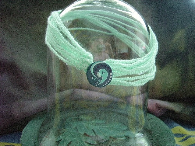 Cuff Mint Swirl Crocheted Necklace  Slash Bracelet Large Button wrap around bracelet