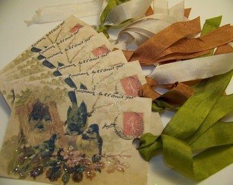 Bird Tags in Autumn Tones - French Post Card Collage - Set of 6
