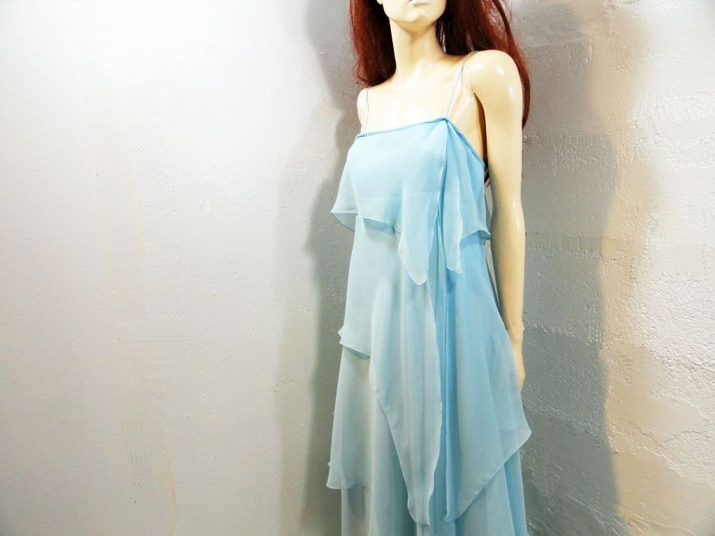 70s Dress Prom Vintage 1970s Long Powder Blue Chiffon/ xs