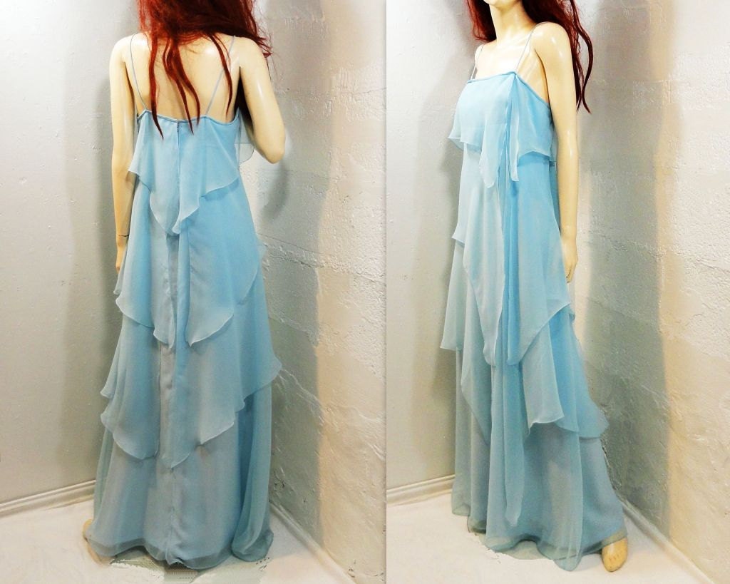 70s Dress Prom Vintage 1970s Long Powder Blue Chiffon/ xs