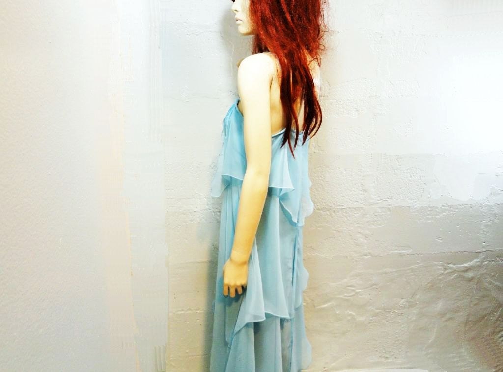 70s Dress Prom Vintage 1970s Long Powder Blue Chiffon/ xs