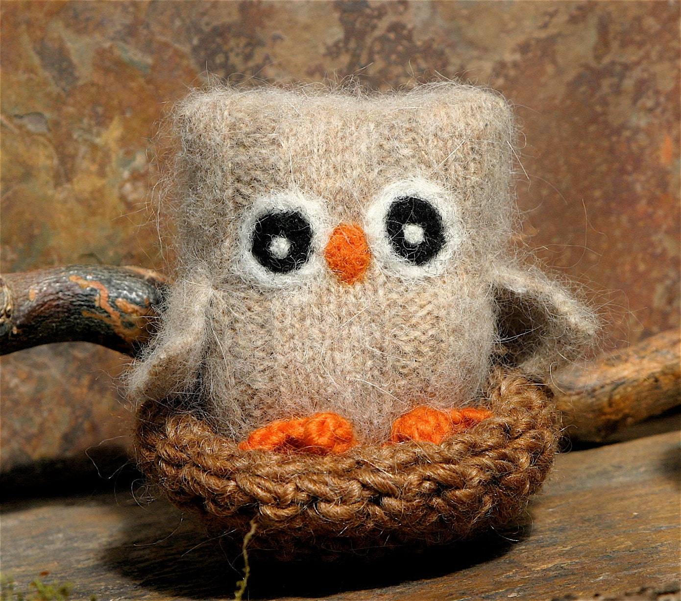 Adopt a Baby Owl ... angora eco wool felt owl nest brown white gray (woolcrazy)