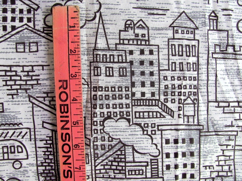 Vintage fabric with city scene graphics / dawings 2.25 yards