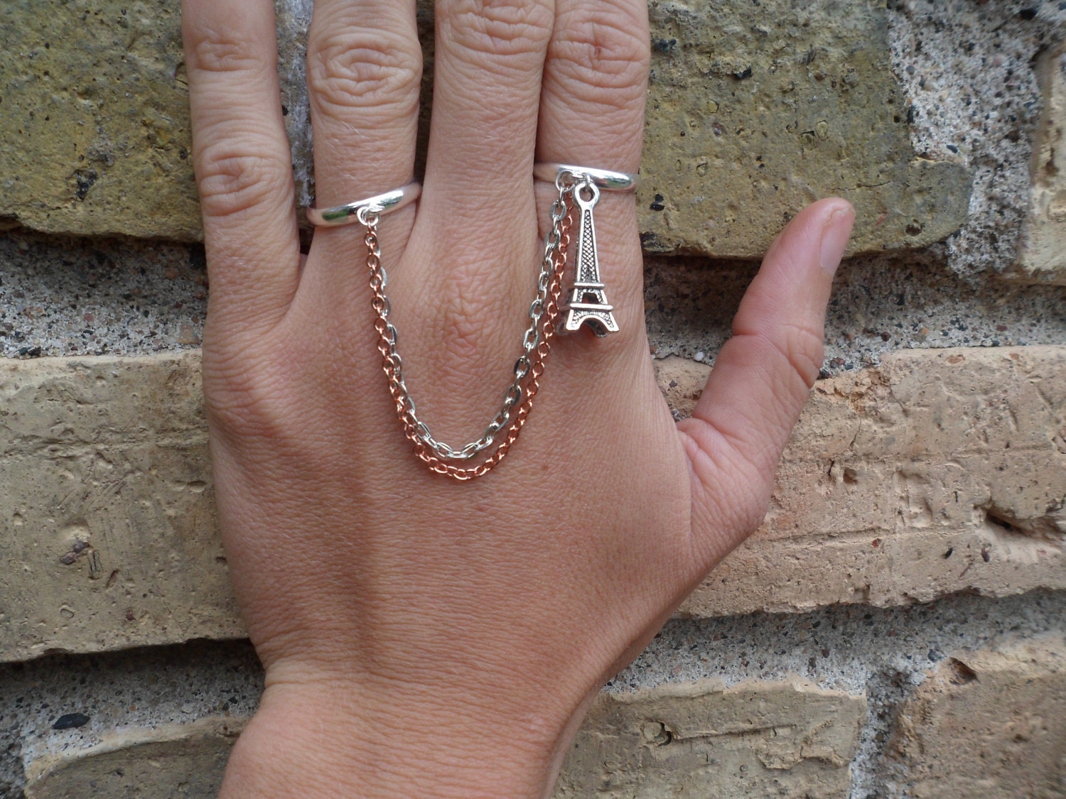 Eiffel Tower Copper & Silver Double Connected Chain Ring