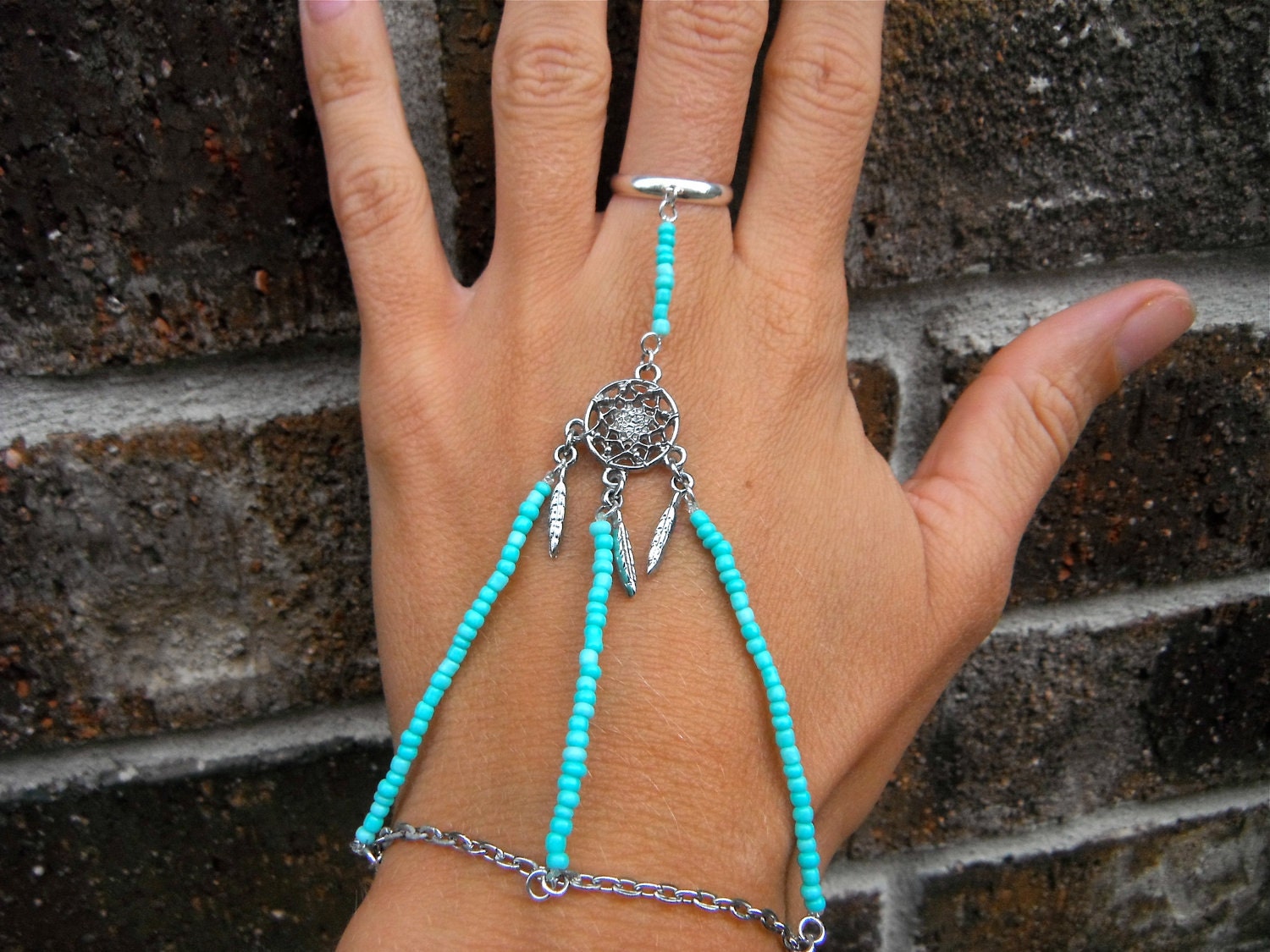 Turquoise Dream Catcher Slave Bracelet Ring in Silver
