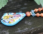 Long Wood Necklace - Turquoise Glass Evil Eye Pendant . Bohemian Jewelry . One of a Kind . CLEARANCE SALE