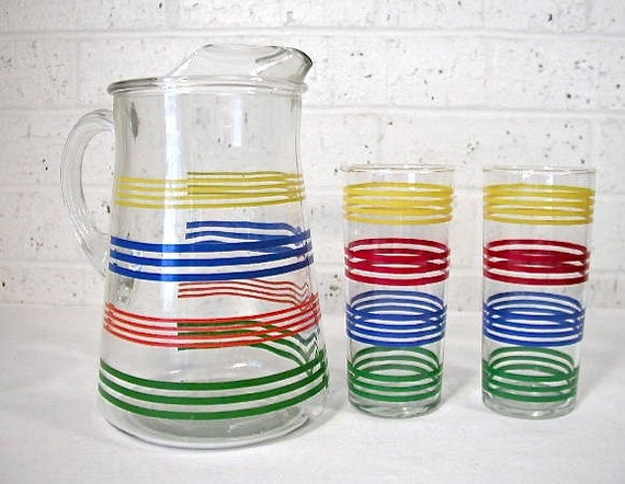 Vintage Retro Striped Glass Pitcher And Glasses By Bluebell 4880