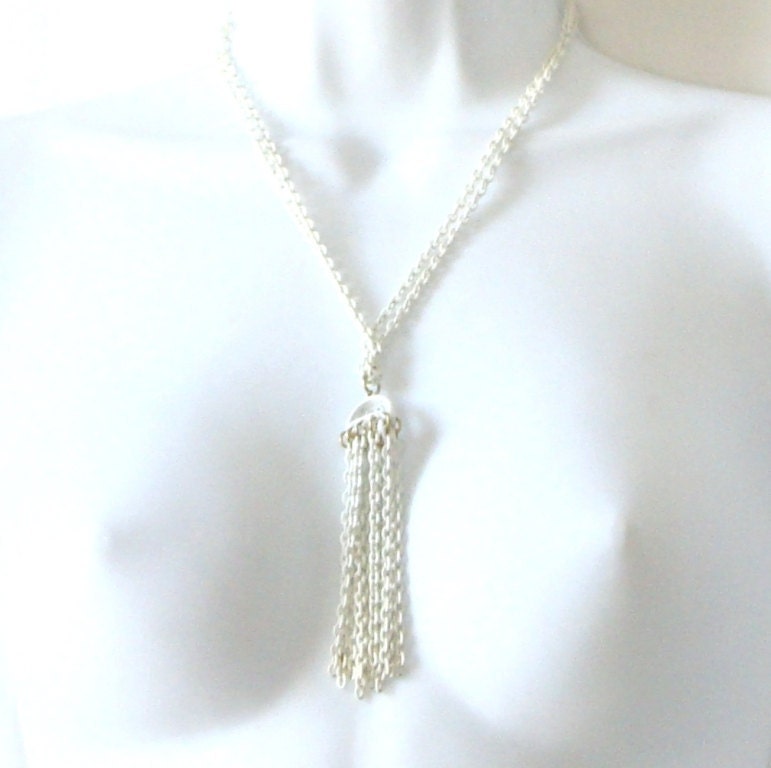 Vintage 1960's Trifari White Enamel  Double Strand Tassel Necklace
