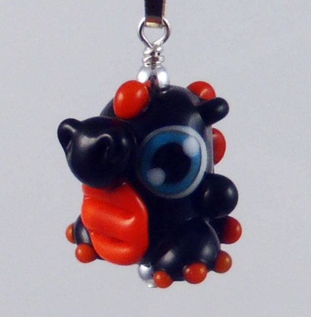 Adorable Black and Orange Dragon Lampworked Glass Necklace and Cell Charm