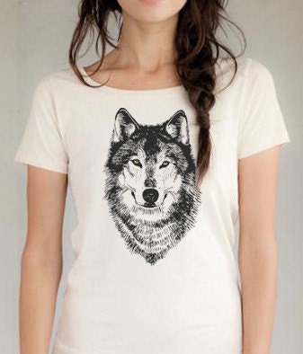 Women's Natural Organic Wolf Shirt, cream short sleeve, spooky wolf face, gold eyes, werewolf, sexy in all sizes