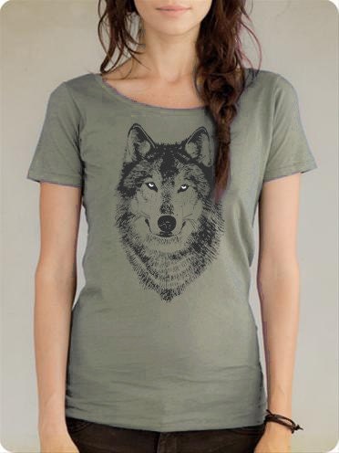 Women's Organic Wolf Shirt, army green short sleeve, spooky eyes, sheer jersey cotton, sexy in all sizes