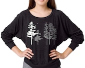Women's Hemlock tree Raglan, heather black long sleeve shirt, sexy scoop neck pullover, hand screenprint, gift for her