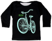 Black Ride a Bike Shirt, rad long sleeve screenprint t-shirt, infant to youth sizes