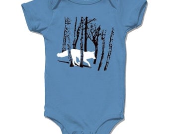 Running FOX / WOLF in the woods, baby Bodysuit, Organic Dutch Blue long and short sleeve, infant sizes