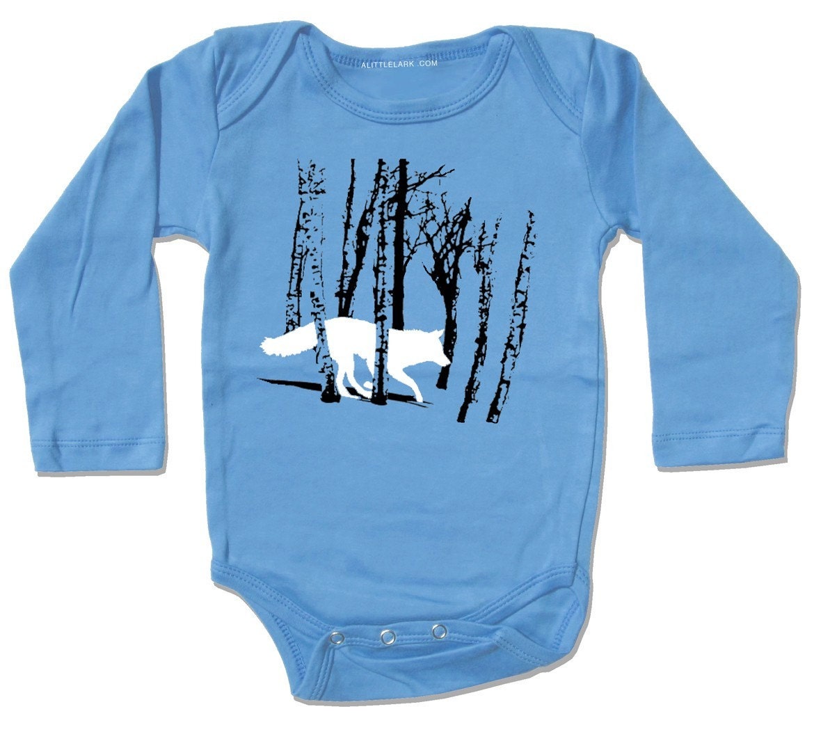 Organic dutch blue FOX Bodysuit, long or short sleeve, infant and baby sizes, running fox / wolf in the woods