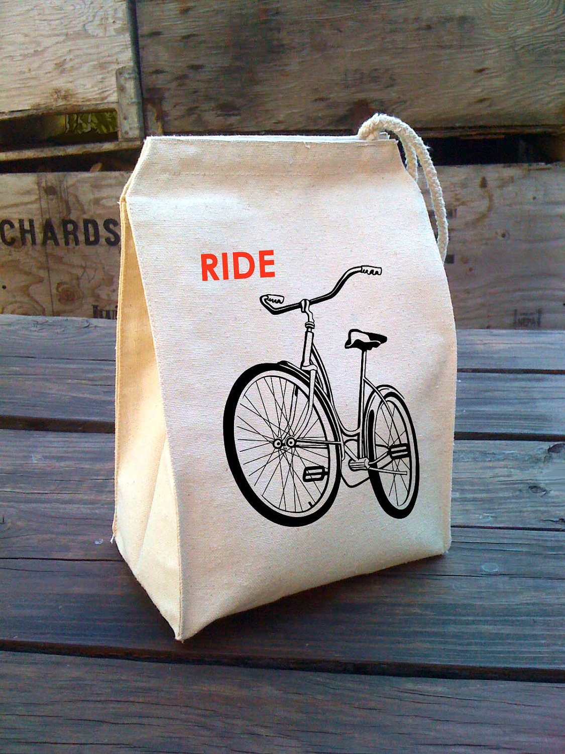 Eco Lunch Sack with RIDE A BIKE bicycle design, Recycled Cotton Canvas Lunch Bag with Handle