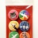 Birds and Animals, Pinback Buttons, 1 inch badge - set of 6, wolf, fox, deer, bird, kitty cat, chipmunk, woodland