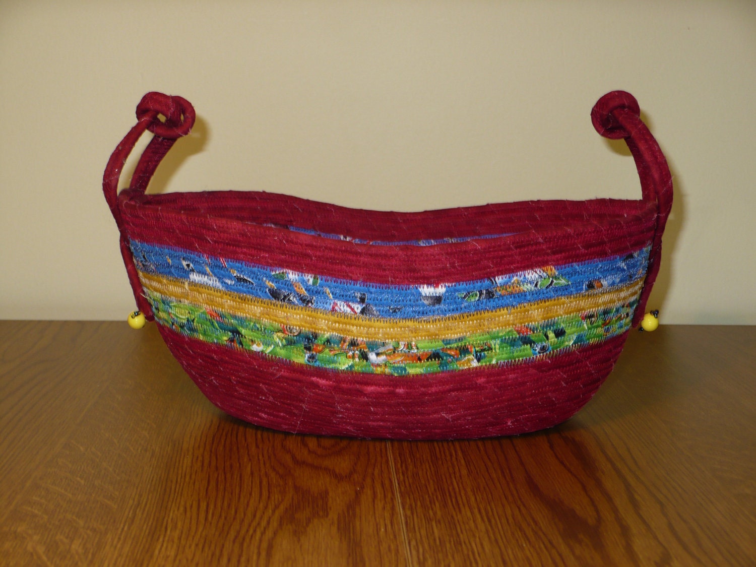 Coiled Oval Fabric Clothesline Basket with Handles and beads
