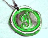 NEON green -Original wax seal monogram necklace, painted, letter of your choice