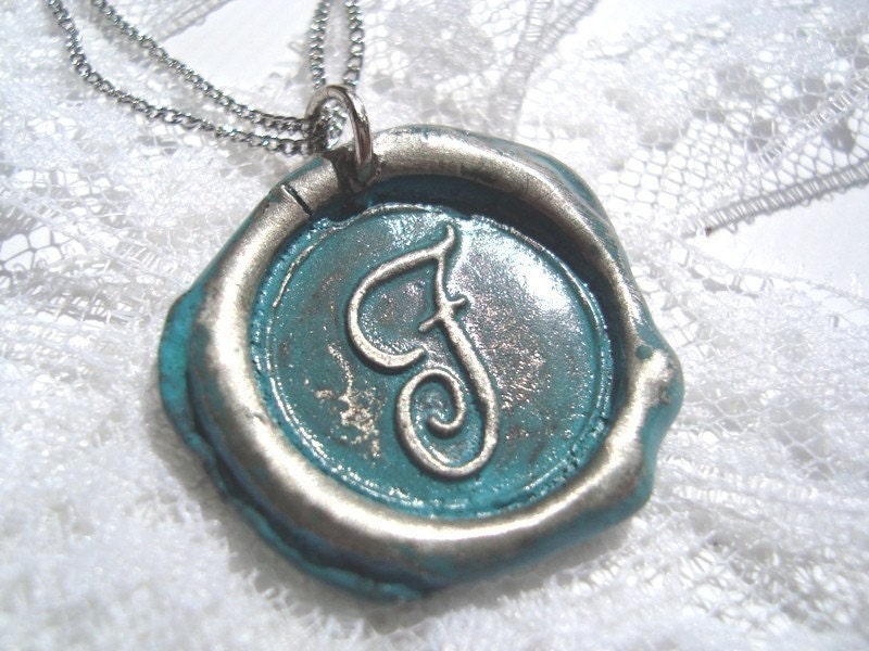BABY BLUE -Original wax seal monogrammed necklace with letter of your choice. Painted.