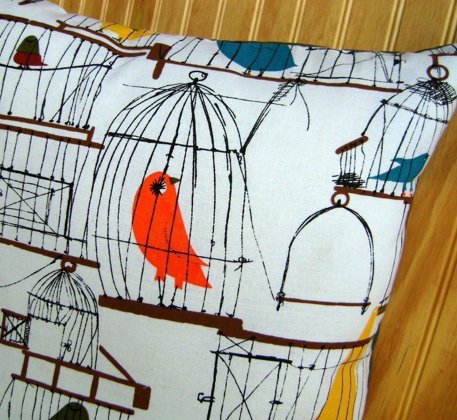 Set of Two Birdcage Pillow Covers - Happy Retro Birds- 16 inch