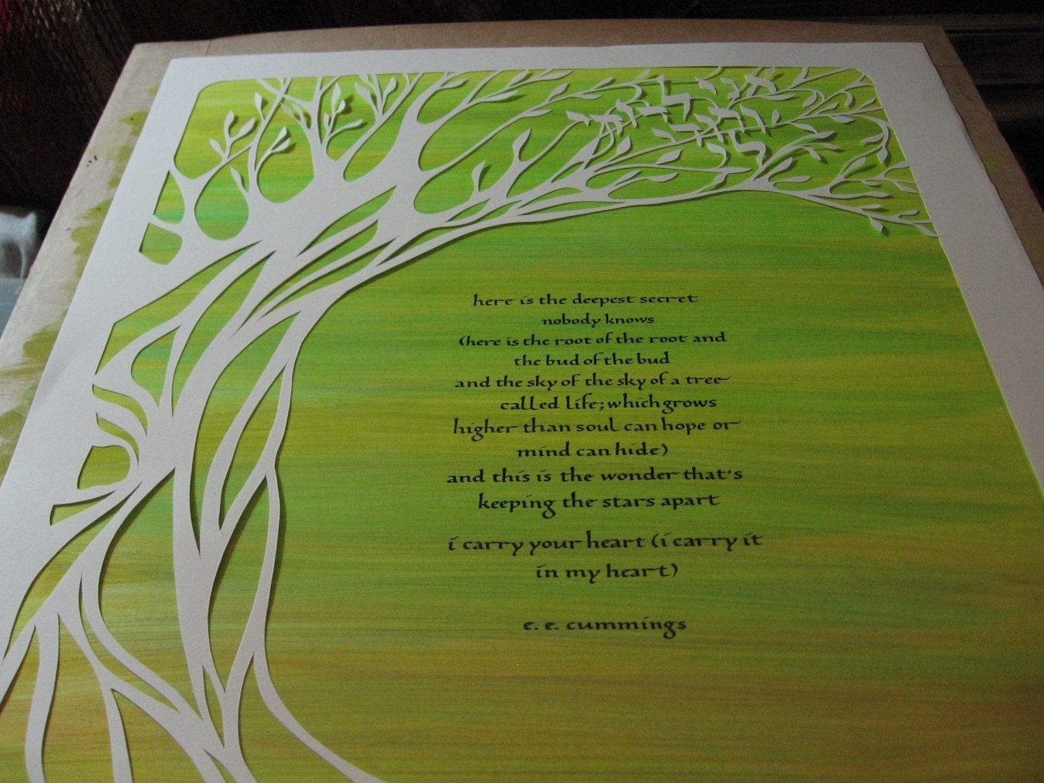 Handcut Papercut Artwork - poem - e. e. cummings poem - papercut - i carry your heart