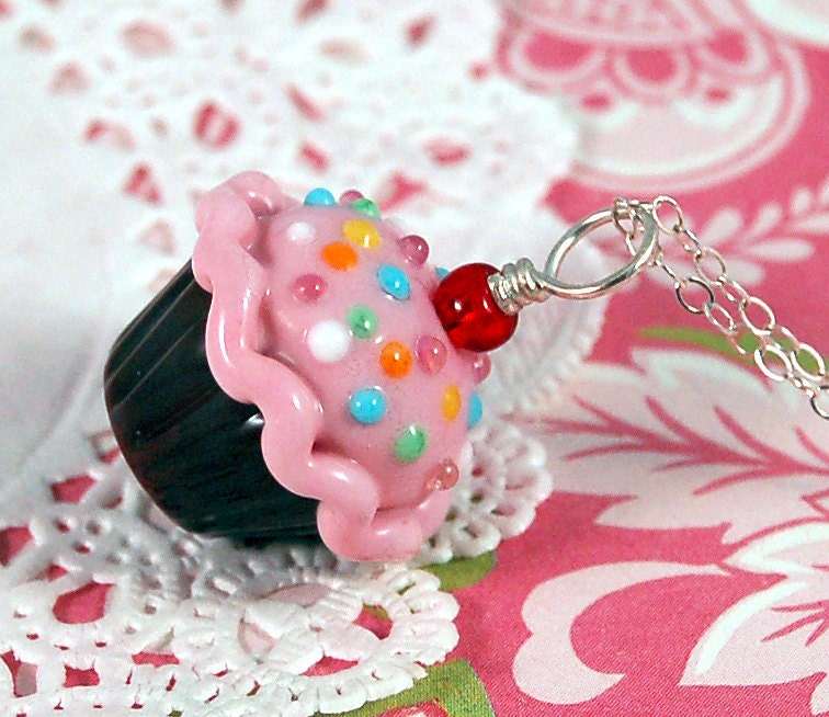 Pink and Chocolate Sprinkle Lampwork Cupcake Pendant - aStudiobytheSea