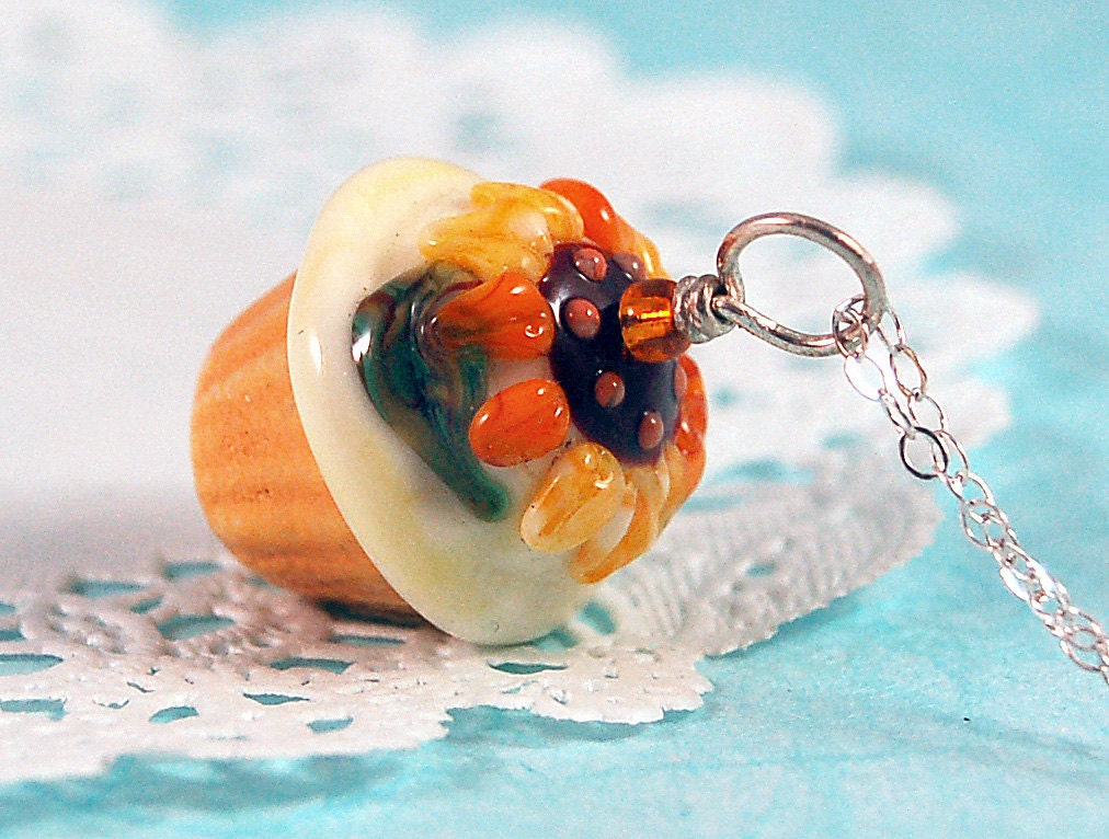 Van Gogh Yellow Sunflower Lampwork Cupcake Pendant