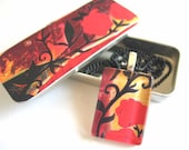 Red Roses and Black Vine- Rectagle Glass Pendant with Black Ball Chain and Embellished Gift Tin with Slide Top