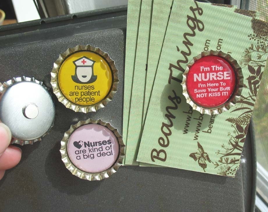 Very Funny Nurse BottleCap Magnets with White Organza Bag- Set of 4