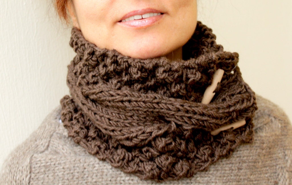 Chunky Cowl - SALE Womens Valentines Day Chocolate Brown Knit Cowl Cable Neck Warmers Scarf  2