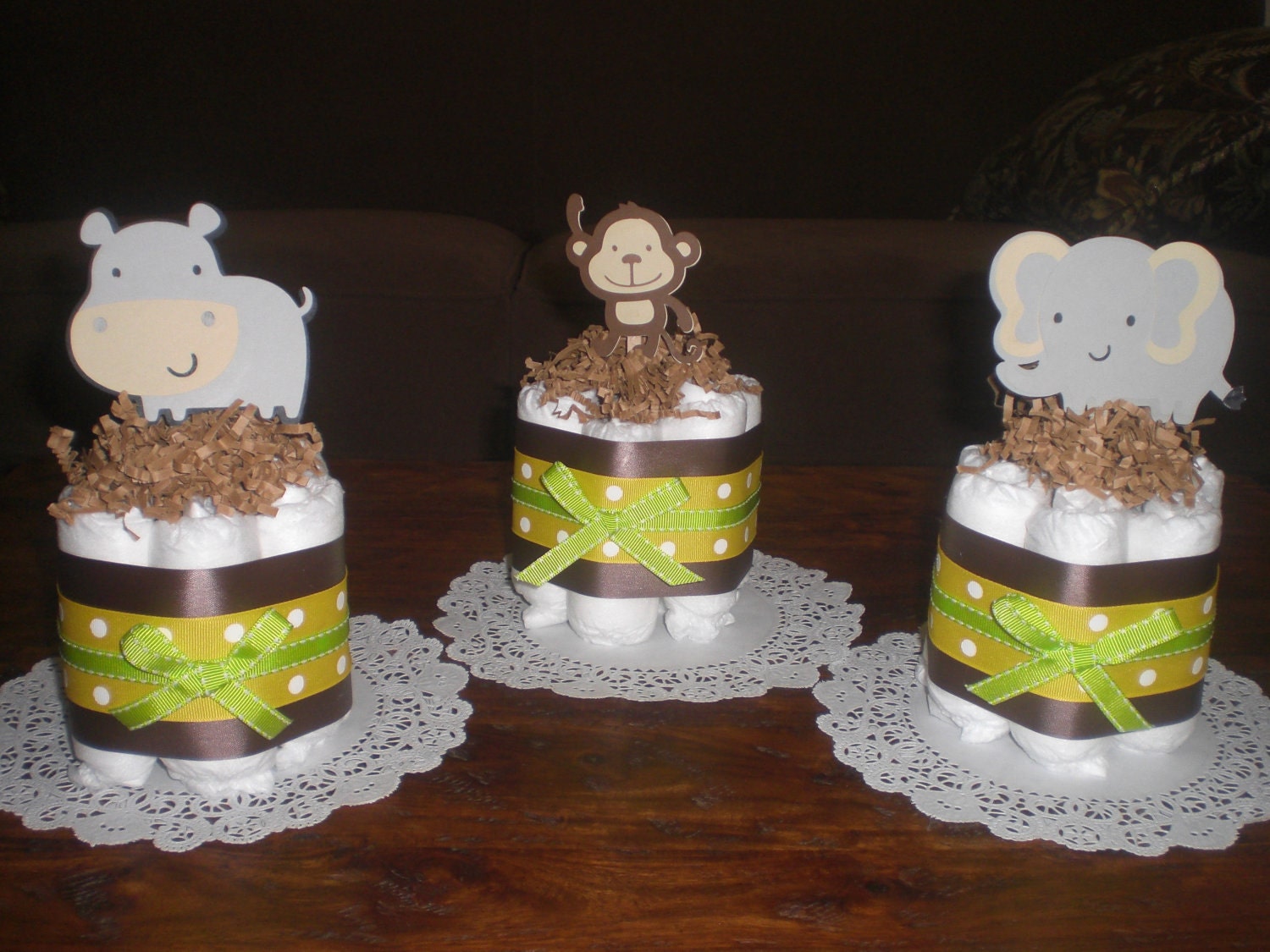 Jungle and Monkey Diaper Cakes Baby Shower Centerpieces other colors and sizes too