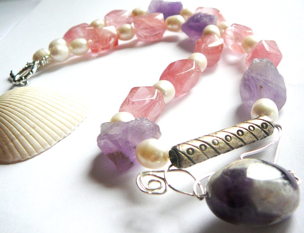 Beauty, Love and Peace Necklace / Rose Quartz, Amethyst, Fluorite, Pearls