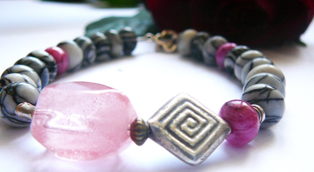 Give Yourself To Love - Bracelet / Zebra Marble , Rhodochrosite , Rose Quartz
