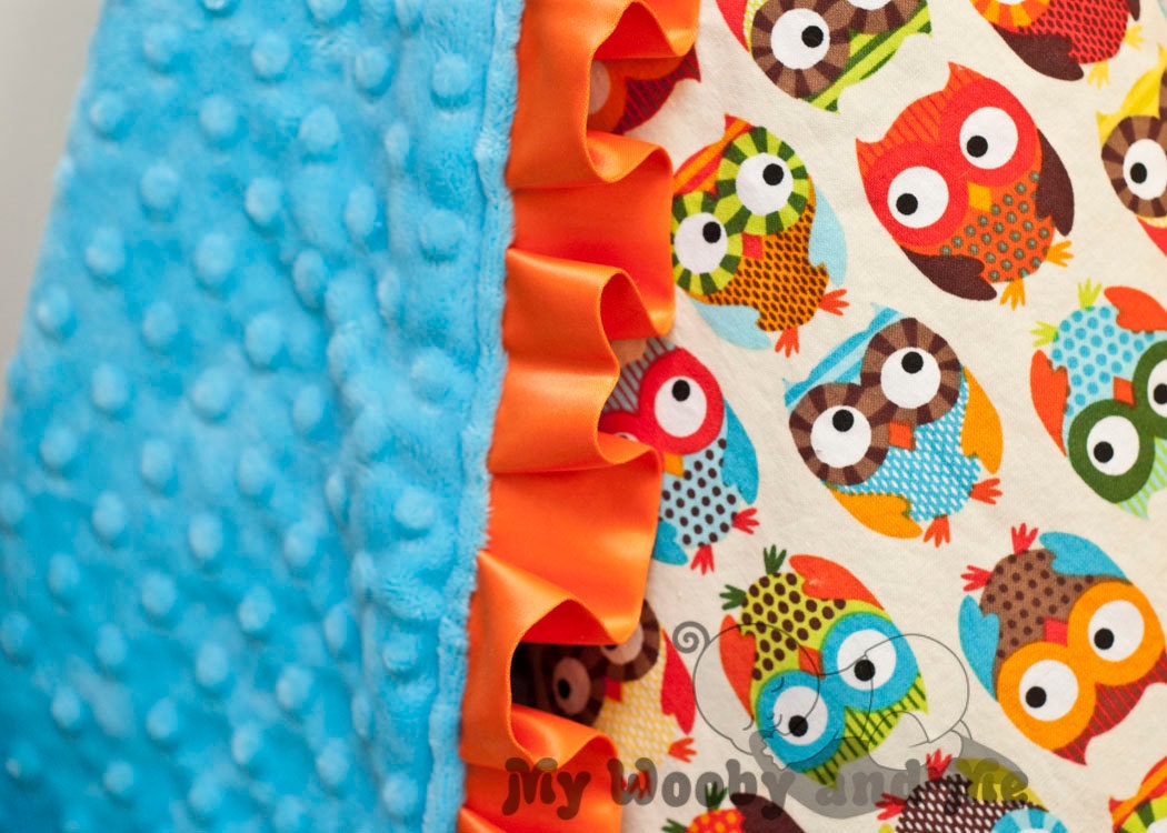 Baby Blanket - Minky Baby Blanket - Bright Owls - Satin Trim - Straight or Ruffled - Personalization Available - Several Sizes