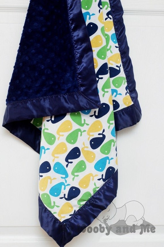 Blue Zoologie Whales Minky Baby Blanket with Satin Trim ( Straight or Ruffled) YOU CHOOSE Colors - Several Sizes - Personalization Available