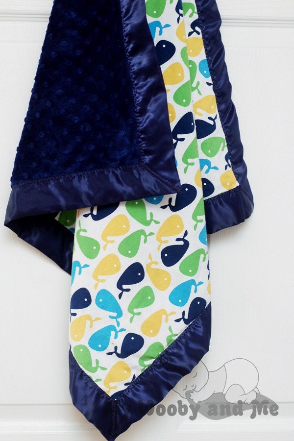 Blue Zoologie Whales Minky Baby Blanket with Satin Trim ( Straight or Ruffled) YOU CHOOSE Colors - Several Sizes - Personalization Available
