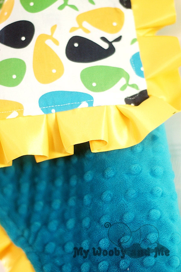 Blue Zoologie Whales Minky Baby Blanket with Satin Trim ( Straight or Ruffled) YOU CHOOSE Colors - Several Sizes - Personalization Available