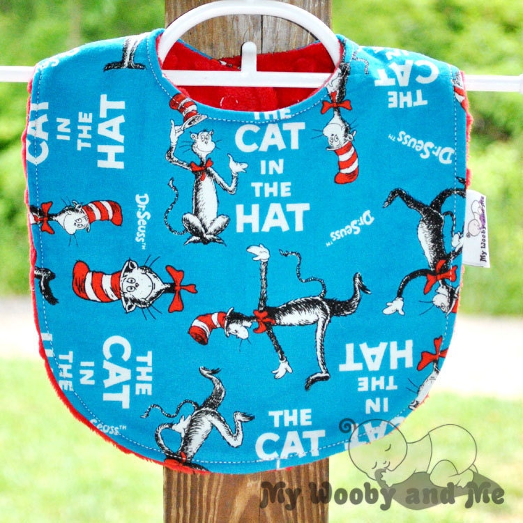 Reversible Bib in Cat in the Hat with Red Minky -  READY TO SHIP- Extra Thick and Absorbent