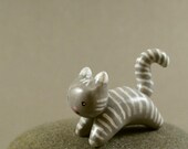 Motion Kitty In Grey And White Stripes - Hand Sculpted Miniature Polymer Clay Animal