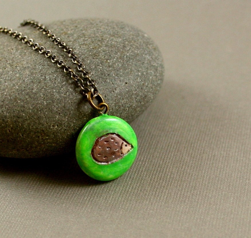 Little Hedgehog Necklace - Polymer Clay Miniature Animal - Apple Green