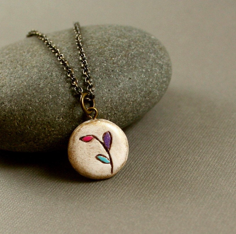 Little Colorful Leaves Necklace - Polymer Clay - Fuchsia, Purple, Turquoise