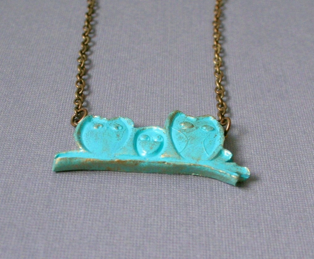 SALE - 40% OFF - Little Aqua Owl Family Necklace - Polymer Clay - Antiqued Brass