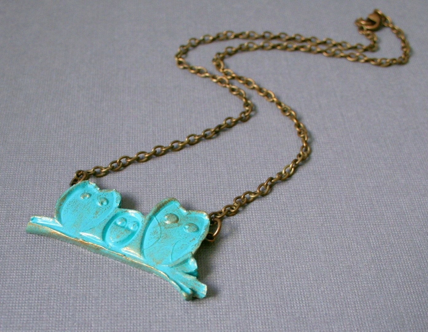 SALE - 40% OFF - Little Aqua Owl Family Necklace - Polymer Clay - Antiqued Brass
