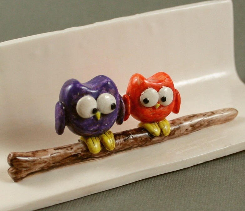 Hand Sculpted Business Card Holder - Little Owls In Purple And Orange - Miniature Polymer Clay Animal