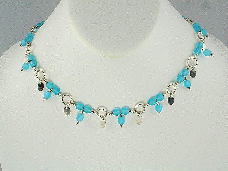 Persuasion, handmade, wire wrapped,matte turquoise, Czech beaded stations with sterling  dangle charms, necklace and pierced earrings