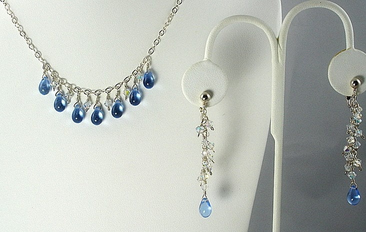 Cielo, handmade, all sterling silver, wire wrapped, blue sapphire glass briolettes and Swarovski crystal necklace and earrings